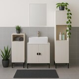 thumbnail of Kommode HWC-O42, Badezimmerkommode Badschrank Schrank mit 1 Tür, 3 Staufächer, MDF Melamin 98x39x30cm ~ Holzoptik beige