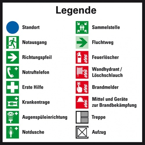 Dreifke® Legende für Flucht- und Rettungspläne, ISO 7010, Folie, selbstklebend, 80x80mm