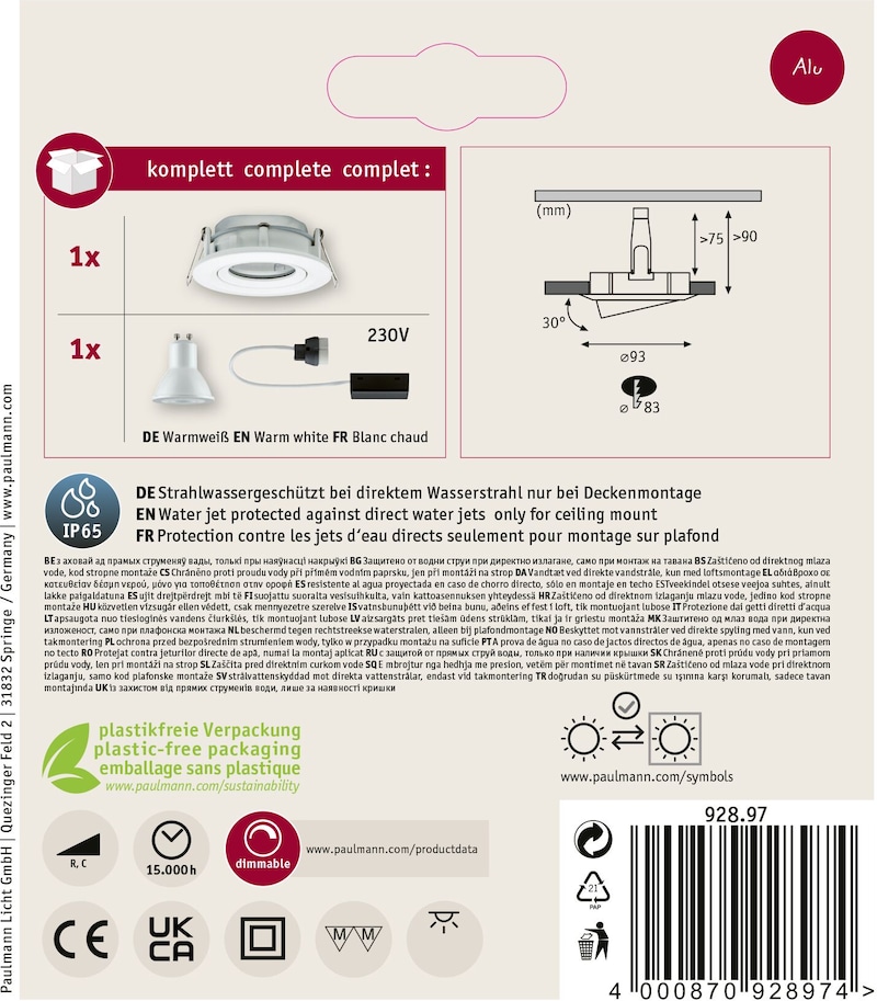 Ein Aluminium-Downlight mit IP65-Schutz für die Deckenmontage.
