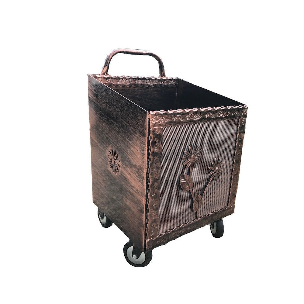 Carrello Portalegna Portapellet grande in ferro battuto con ruote colore spazzolato rame