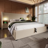 thumbnail of Polsterbett 160x200 Beige mit Holzregal Kopfteil, LED-Leselampe, USB-C, hydraulischer Stauraum, Metallrahmen und Massivholzlatten