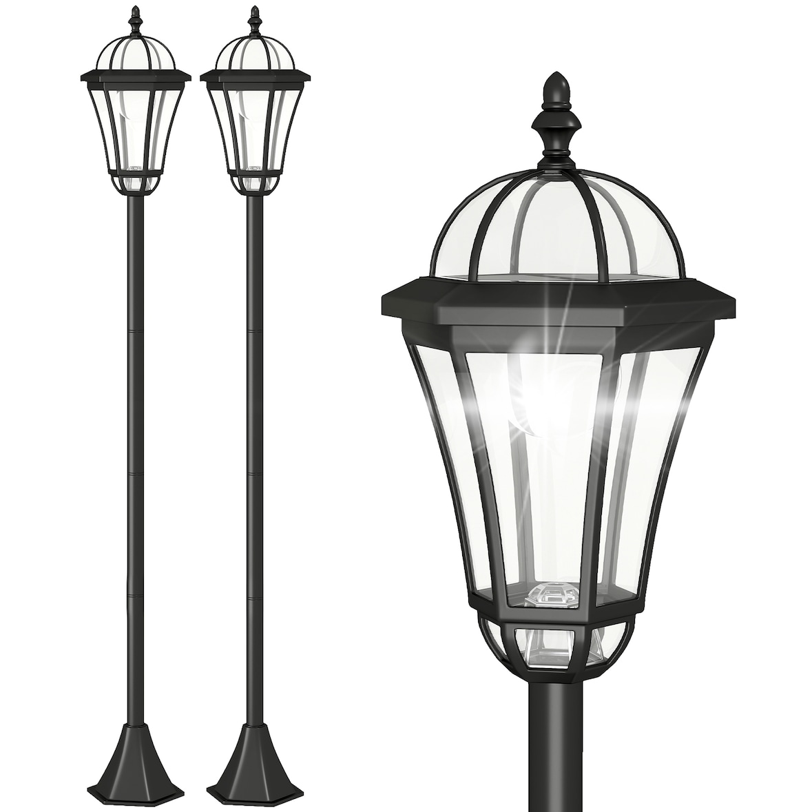 Outsunny Conjunto de Candeeiros Solares com Luzes LED Branca 18,5x18,5x129cm Preto