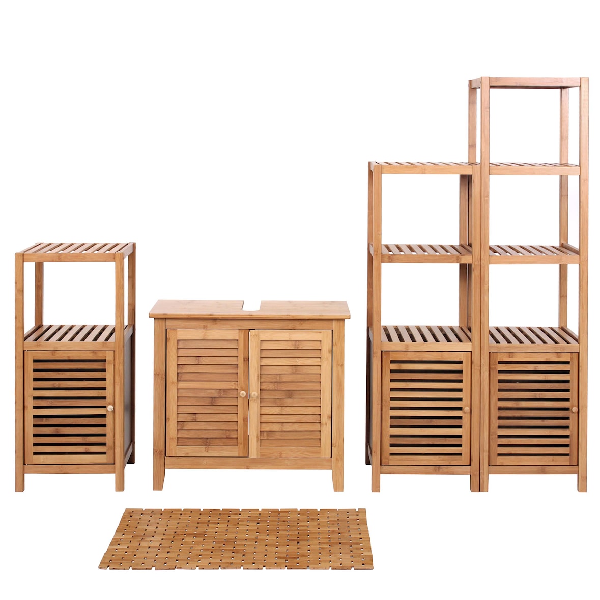 Badezimmerset HWC-B18, Komplett Badezimmer Badmöbel Badset Badschrank mit Tür, Bambus