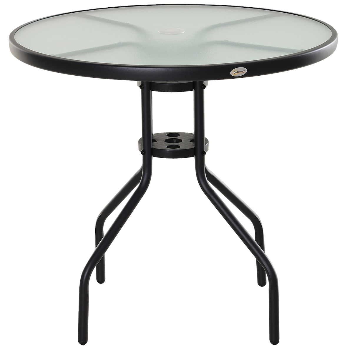 Mesa de Jardín Redonda Mesa Comedor de Cristal Templado con Agujero para Sombrilla y Estructura Metálica para Patio Terraza Balcón Exterior Ø80x72 cm