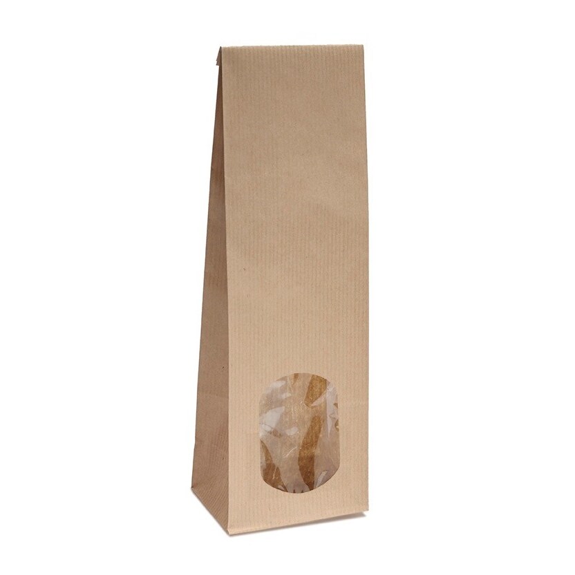 500x Blockbodenbeutel mit ovalem Sichtfenster - 250g - 8 x 5 x 24,3 cm - Papiertüten Bodenbeutel Geschenktüte Tütchen (250g – mit ovalem Fenster)