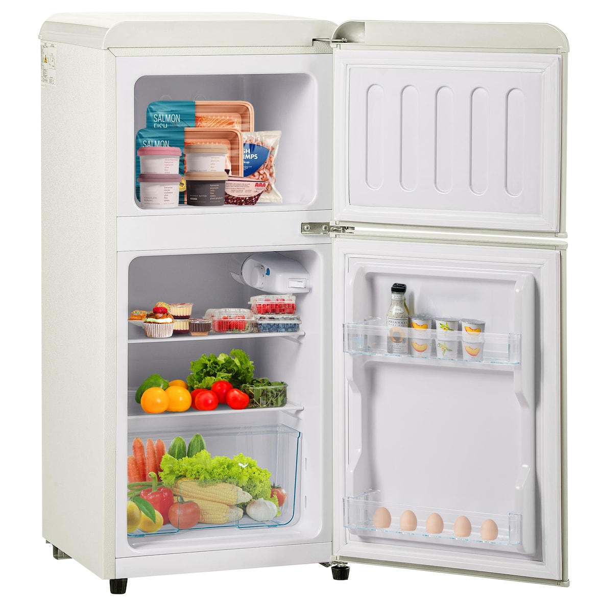 Retro Kühlschrank Gefrierkombination 60L Volumen 22L Gefrierfach Zweitürig Cremeweiß 86x45x42 cm 7 Temperatureinstellungen 102 kWh/Jahr