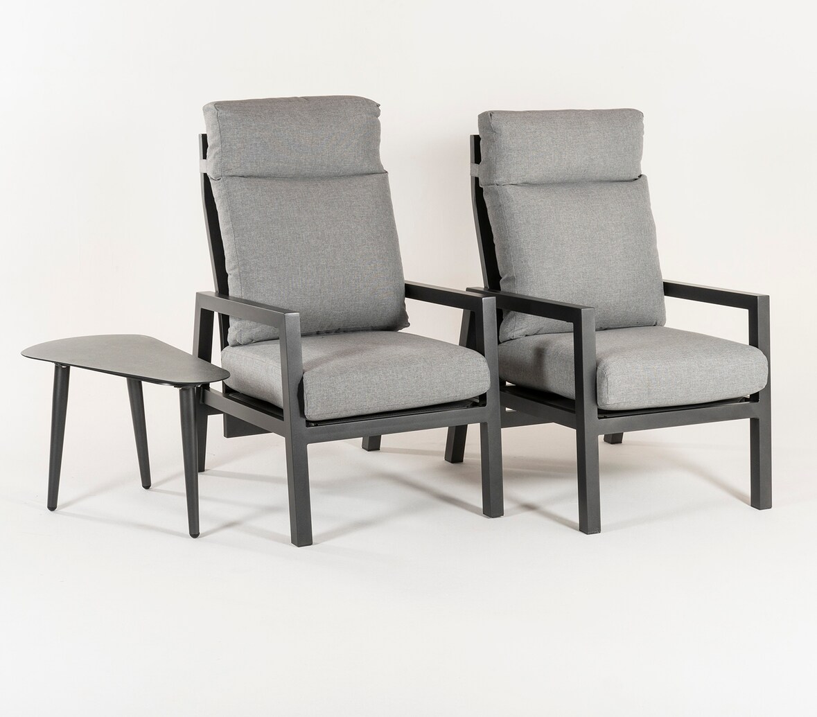 Conjunto de jardín relax, 2 sillones reclinables y mesita auxiliar, Aluminio reforzado color antracita, Cojines color gris