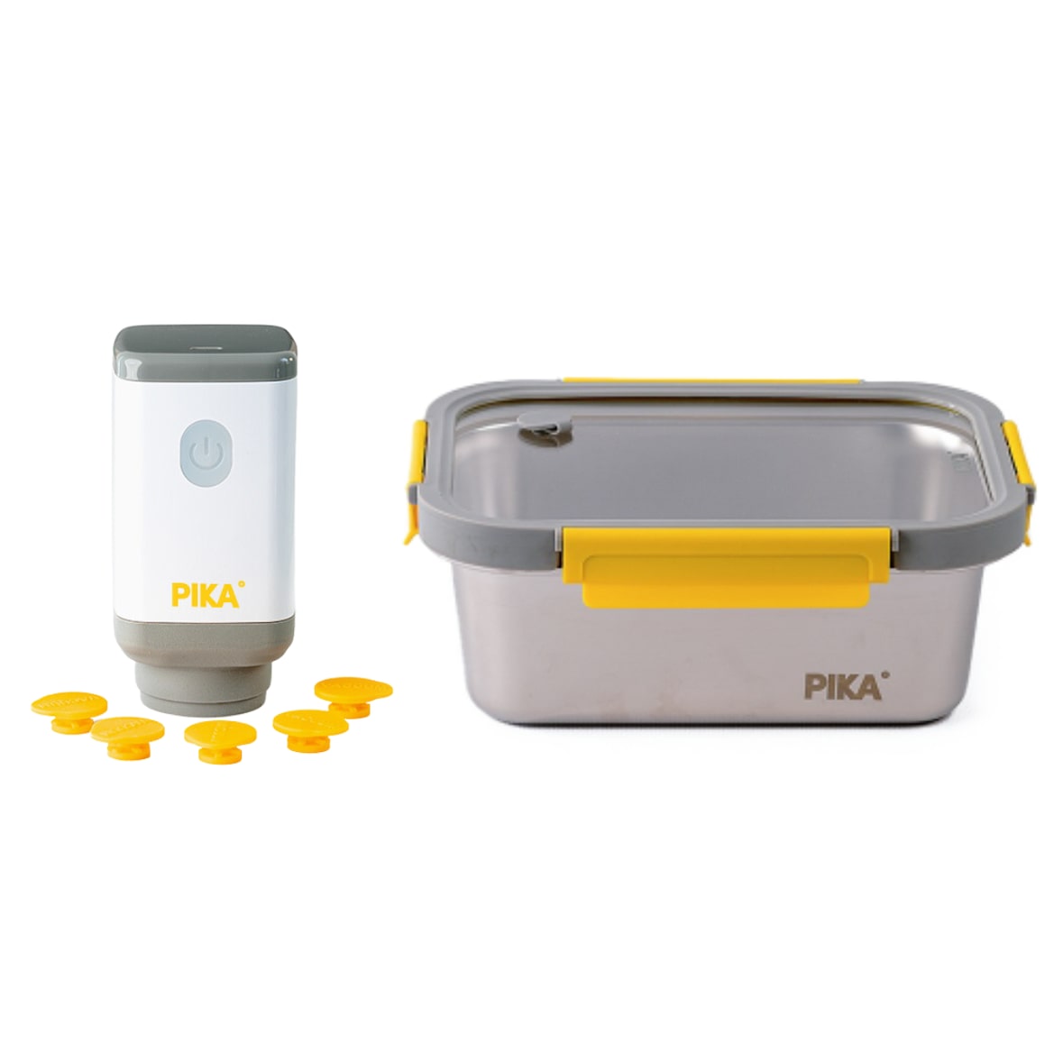 PIKA - Pompe sous vide électrique + Boîte alimentaire inox 1200ml + 5 valves pour boites alimentaires Pika | Appareil de mise sous vide alimentaire