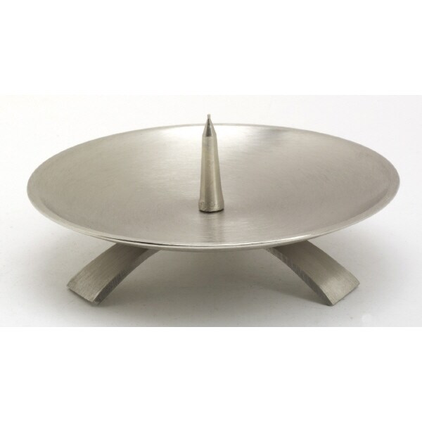 Kerzenleuchter Dreifuß Silber gebürstet großem Dorn Ø 13 cm, für Taufkerzen, Kommunionkerzen