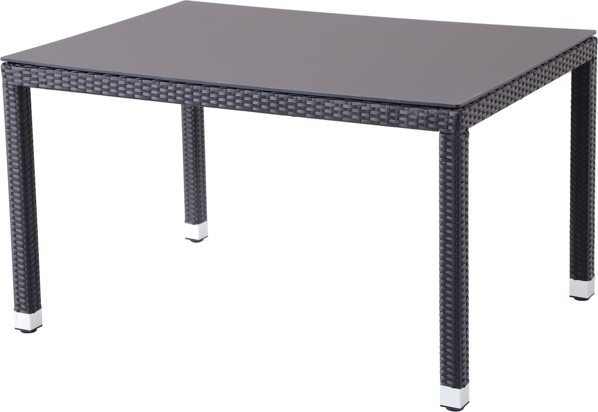 METRO Professional Mesa de comedor gastro Barbados, aluminio / ratán PE, 130 x 90 x 75 cm, tablero de laminado a alta presión, negro