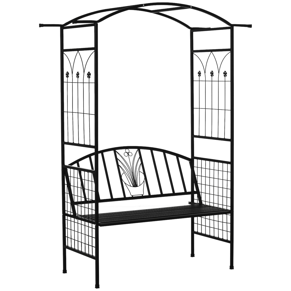Gartenbank mit Rankbogen Metall Schwarz 154x60x205 cm, 2-Sitzer, wetterbeständig mit Epoxid-Beschichtung