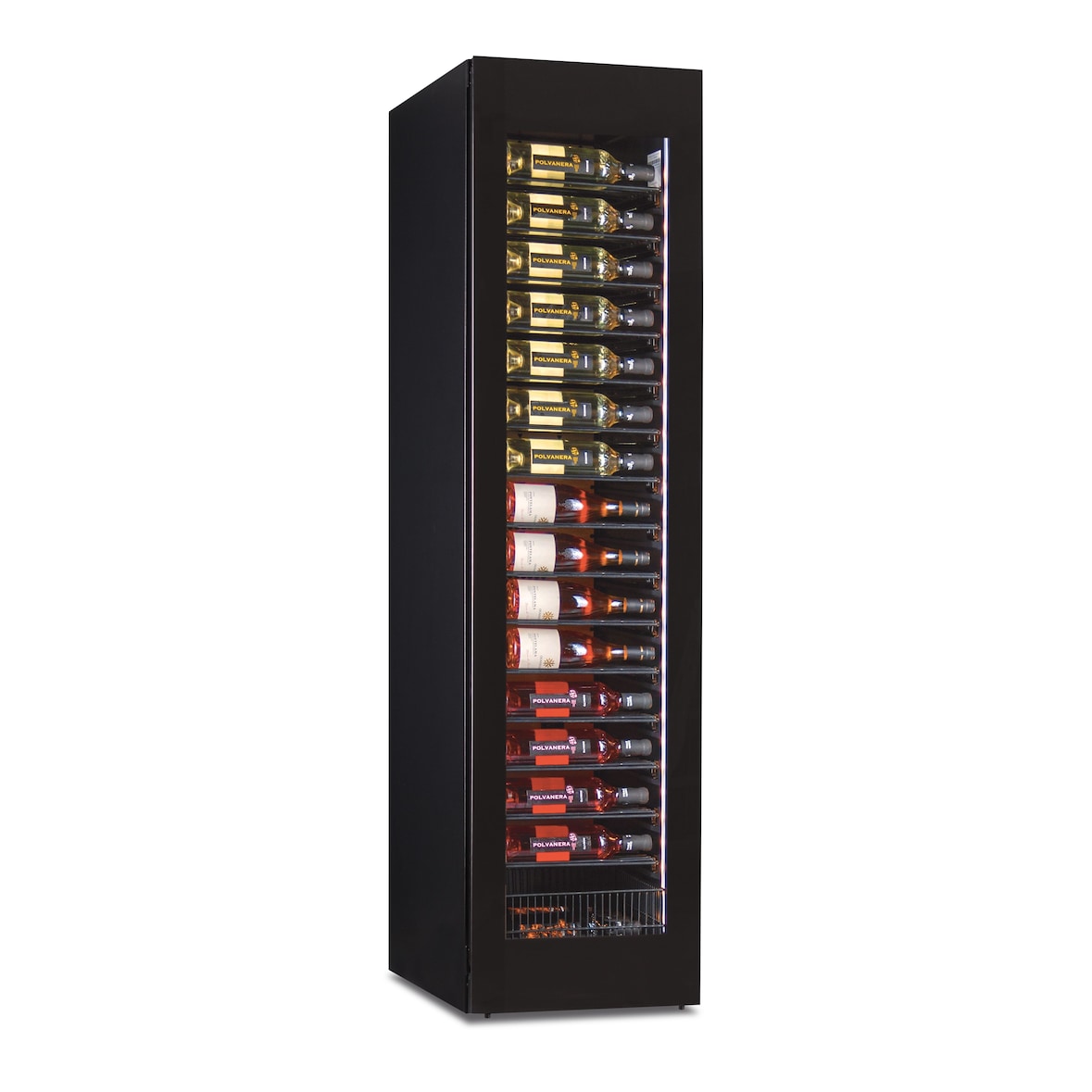 Frigo vini slim 45 cm. 112 bottiglie. Porta vetro a sfioro. Illuminazione a led. Mensole inox. Termometro digitale. Modello SLIMWINE-SW112-1TB
