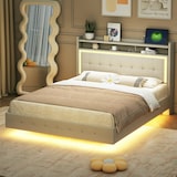 thumbnail of Merax Polsterbett 140*200, mit USB-Steckdose und LED-Licht, verstecktes Fußdesign, Doppelflachbett, Leinenstoff beige