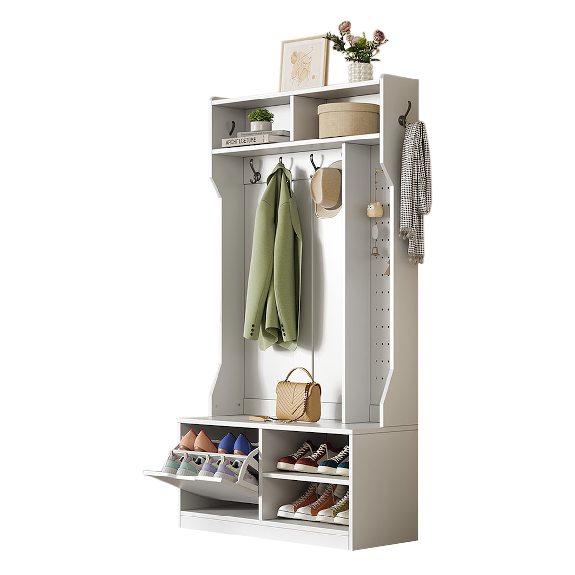 Flurgarderobe Komplett-Set 100x40x185,5 cm mit gepolsterter Sitzbank, Flip-Top Schuhschrank, 6 Haken, offener Stauraum, Garderobe, modern, Weiß