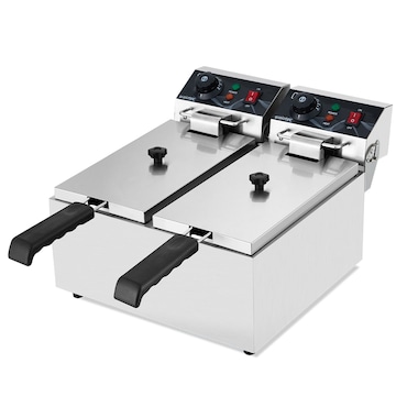 Fritadeira eléctrica profissional aço inoxidável, 2x 6 litros, 230V, 4kW, 60-190°C, controlo mecânico, painel de controlo extraível, 11032 Vaiotec