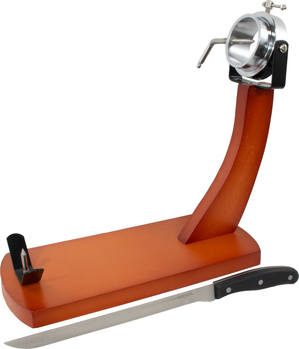 Fackelmann Set Soporte Jamonero Giratorio en Madera de Pino, Incluye Cuchillo Jamonero Nirosta Fit 26/39 Cm Acero Inoxidable para Cortar Jamón