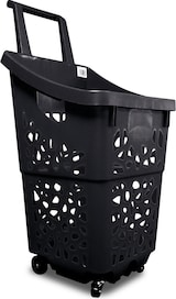 Un carrito de compras negro con ruedas.