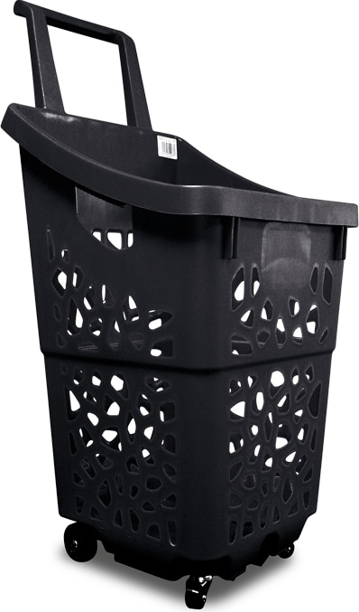 Un carrito de compras negro con ruedas.