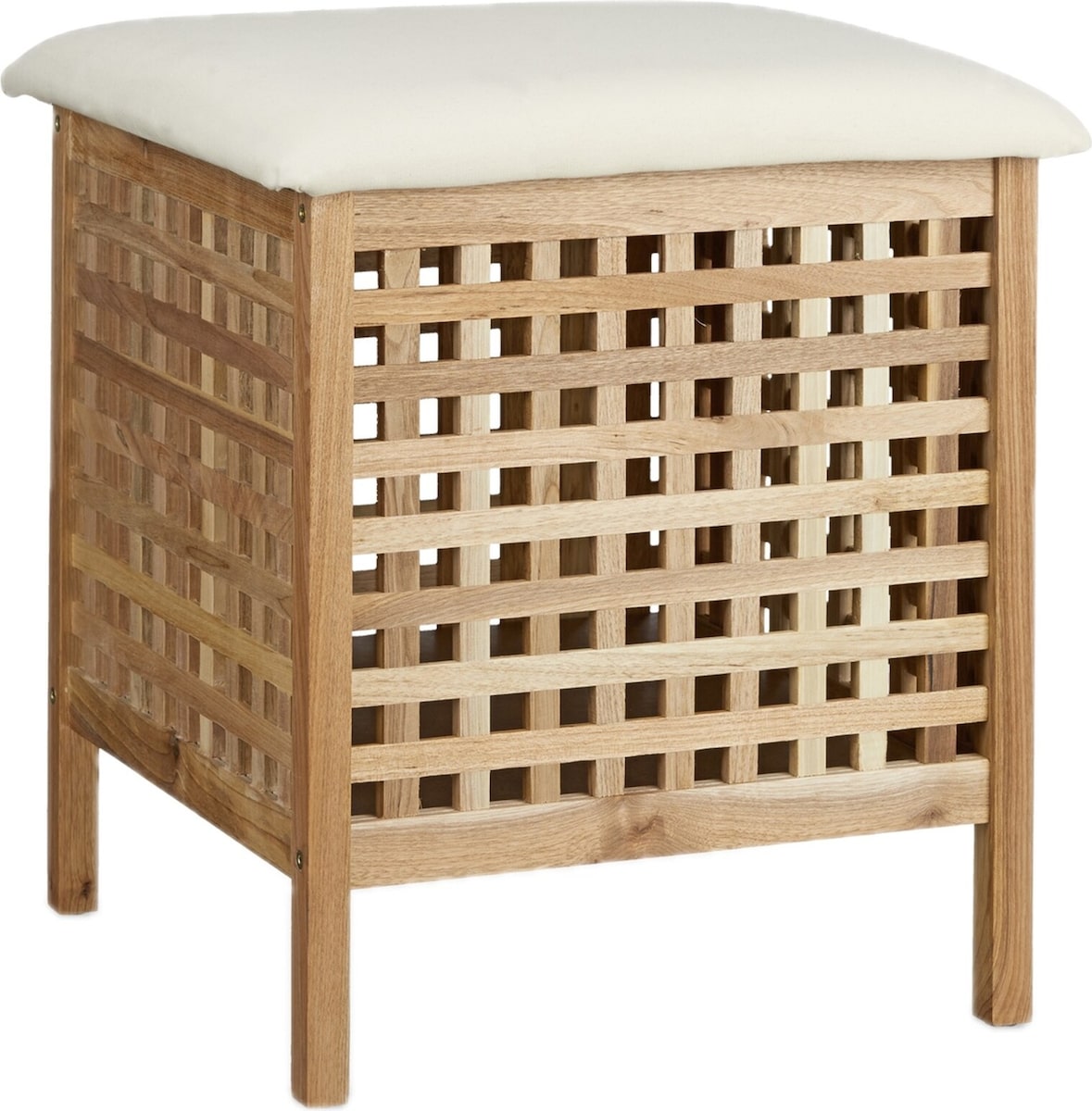 Relaxdays Badhocker Walnuss mit Wäschesammler, HBT:52x49x49cm, Sitzkissen Leinen, 52L Stauraum, Massivholz, natur/weiß