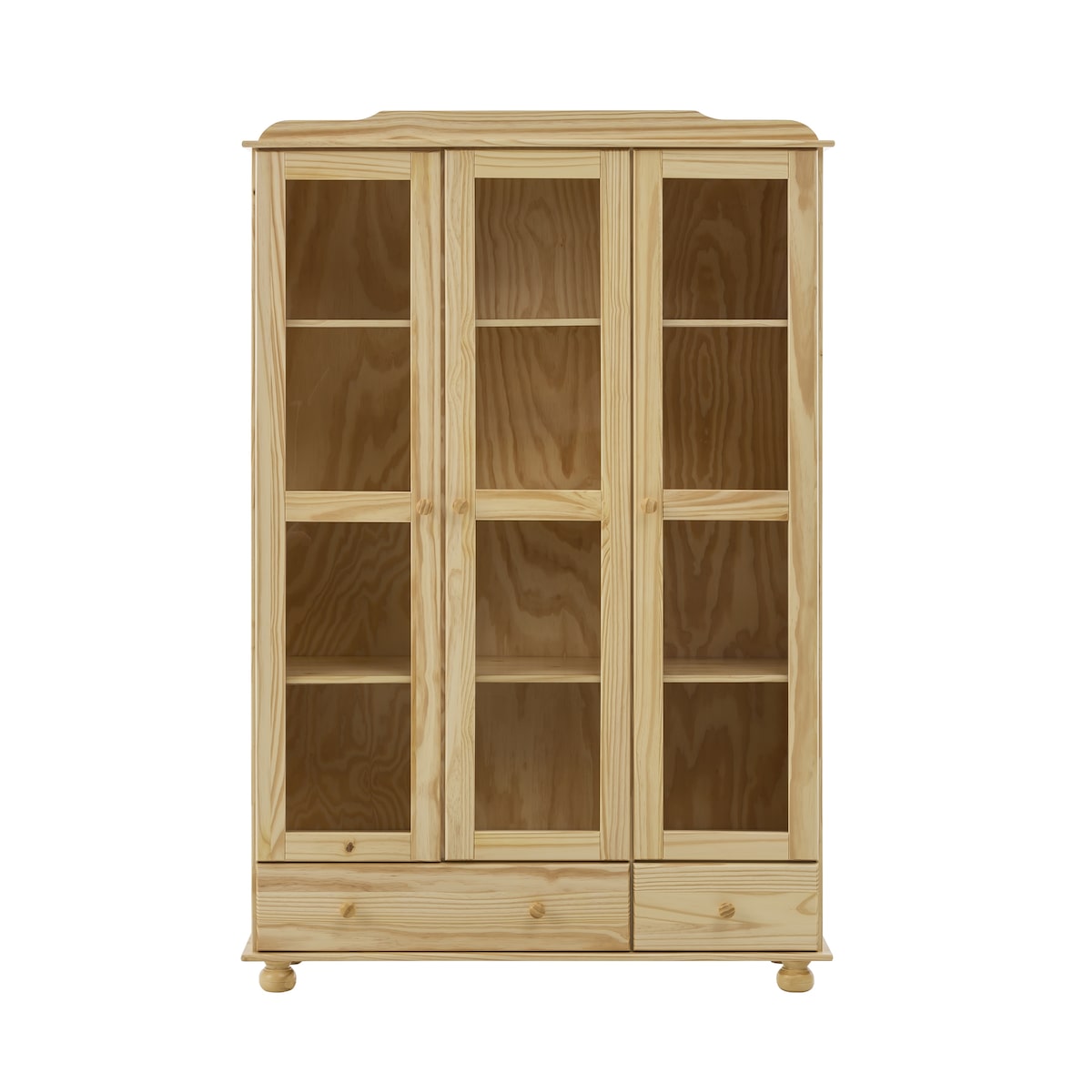Möbilia Vitrinekast | 3 deuren met glasinzet, 2 laden | massief grenen | B 126 x D 35 x H 189 cm | naturel | 19020013 | Serie VITRINE