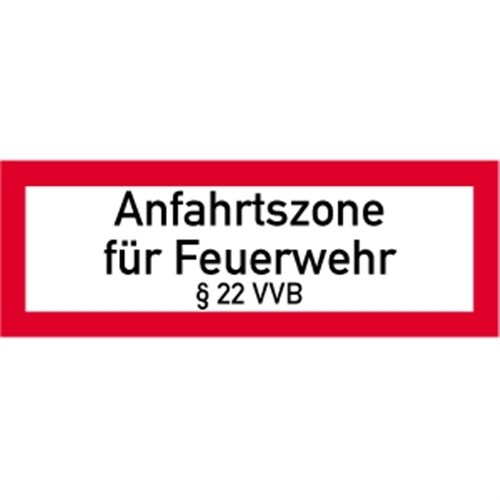 Schild Anfahrtszone für Feuerwehr § 22 VVB, Alu, 594x210 mm