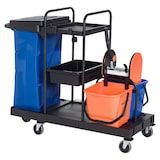 thumbnail of Carro de Limpieza Profesional de 3 Estantes con Escurridor de Palanca y 2 Cubos de Fregar Bolsa Ruedas 111x63,3x103 cm Negro Azul y Naranja