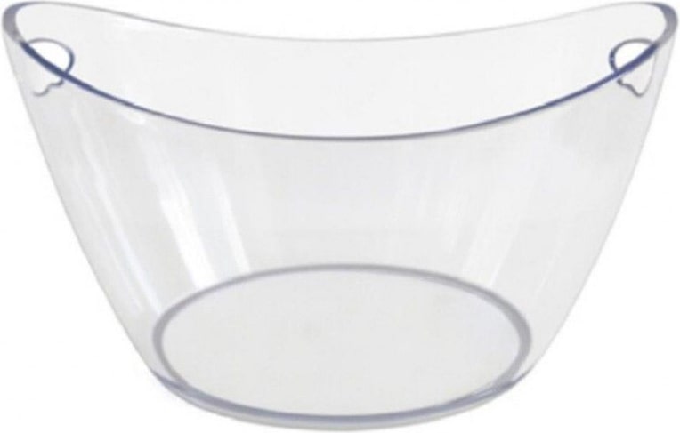 Um balde de gelo transparente com alças.