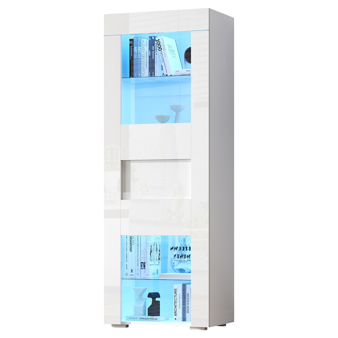 Vitrine Hochschrank 60x40x170 cm Weiß mit LED-Beleuchtung App-Steuerung Acryl-Tür Soft-Close verstellbaren Glasböden Hochglanz-Front