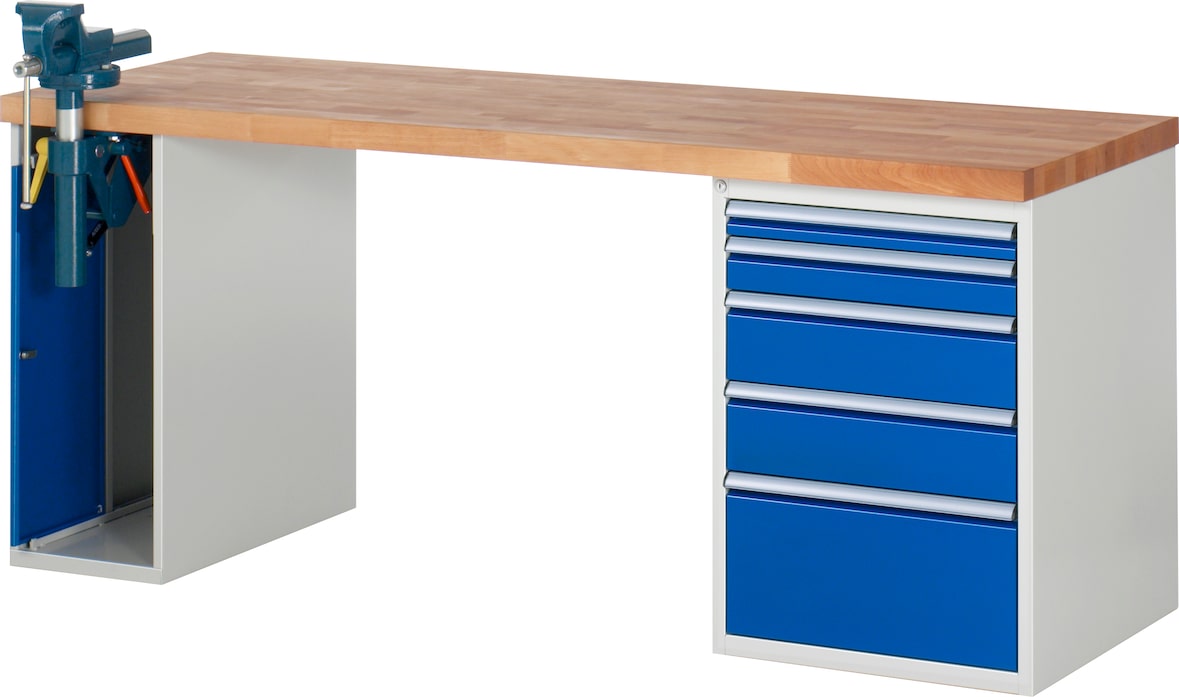 PROREGAL Werkbank Serie 7000 - Modell 7511 | HxBxT 84x200x70cm | 5x Schublade + 1x Schrank | Schubladenmaße 1x60 + 1x90 + 2x150 + 1x270mm
