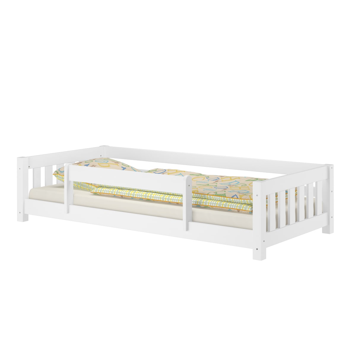 Weißes Bodenbett Kinderbett 90x200 Kiefer massiv Zubehör wählbar V-60.28-09W mit Kindersicherung und Rollrost inkl.