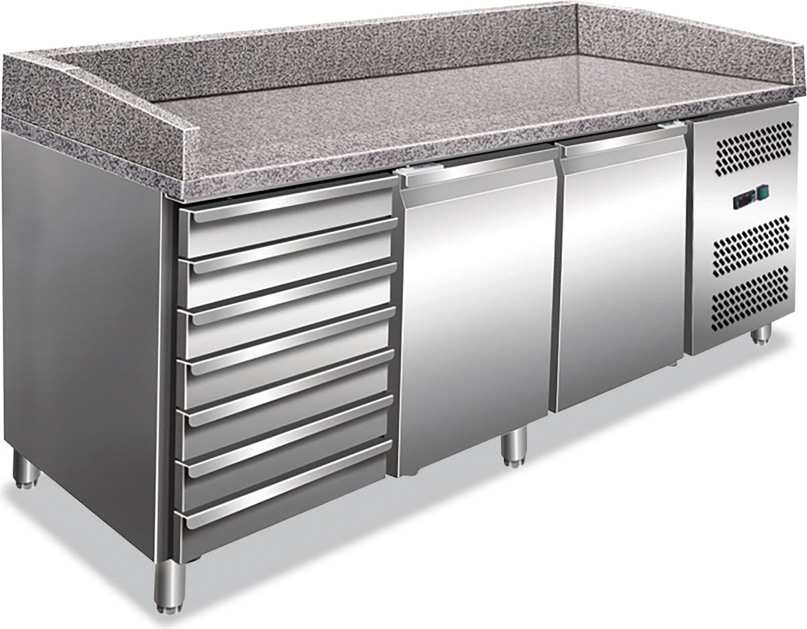 Pizzatheke mit 2 Türen und 7 Schubladen. Platte aus Granit. Temperatur +2°C/+8°C. Automatische Abtauung. Maße LxBxH 202,5x80x100 cm. PZ2610TN