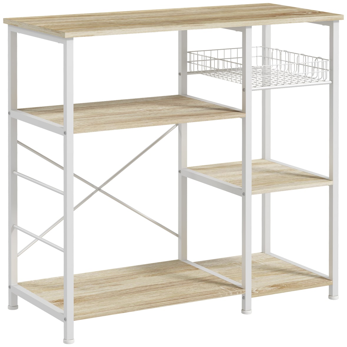 HOMCOM estantería de cocina moderna estante de cocina con 1 cesta 4 ganchos en S 6 almohadillas de pie ajustables y estantes 90x40x84,5 cm