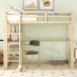 thumbnail of Merax Hochbett Bettgestell mit Stauraum, komplett aus Kiefer, mit 4 Ablagefächern und einer Schreibtischplatte, Natur, 140 X 200 cm