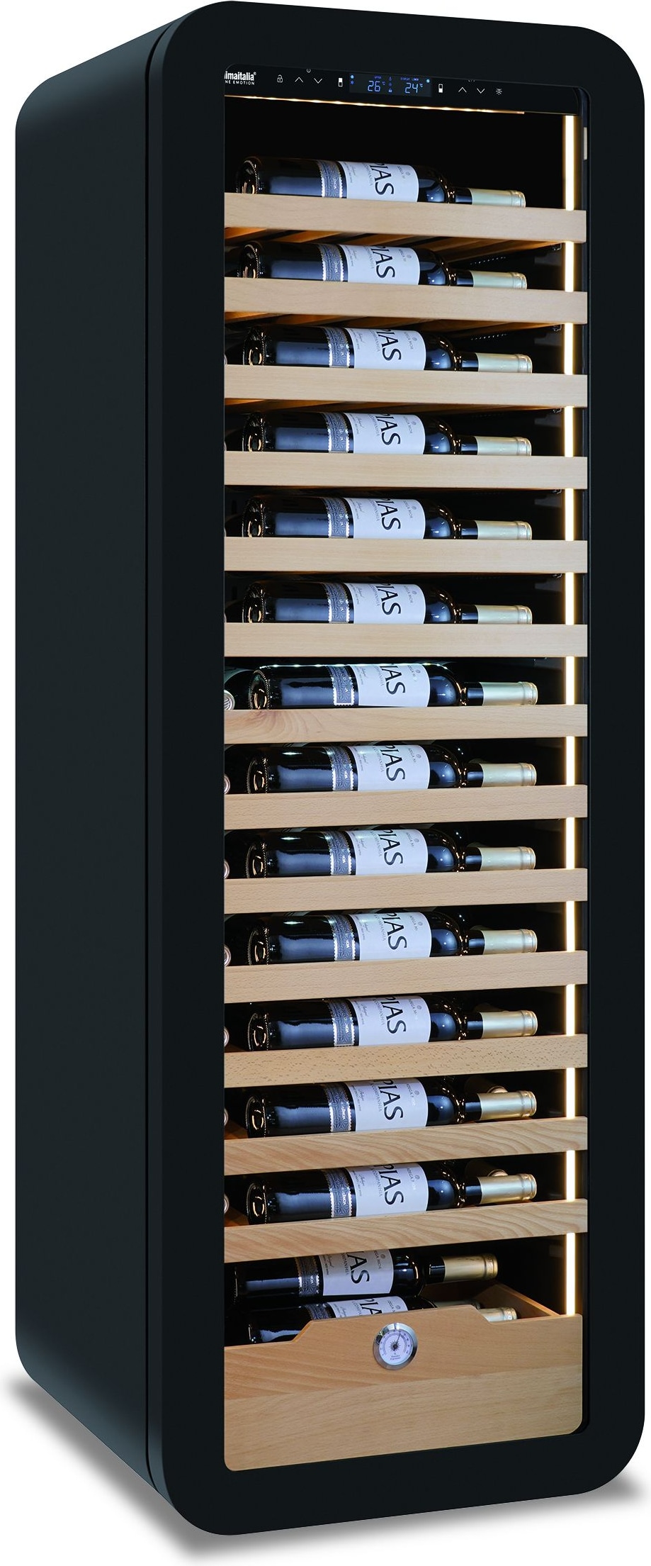 KLIMAITALIA Weinkühlschrank Holzregalen & Kommode. Hygrometer & LED-Beleuchtung. T° +2°C/+20°C. Dim. LxWxH 54x55x160 cm. VINARIUS60BLK