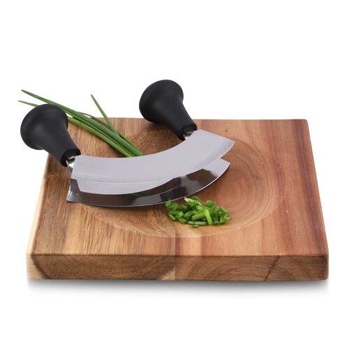 Karl Weis Doppelwiegemesser 14 cm mit Holzbrett, Edelstahl, Kunststoff, 22 x 22 x 4,8 cm, 560 g