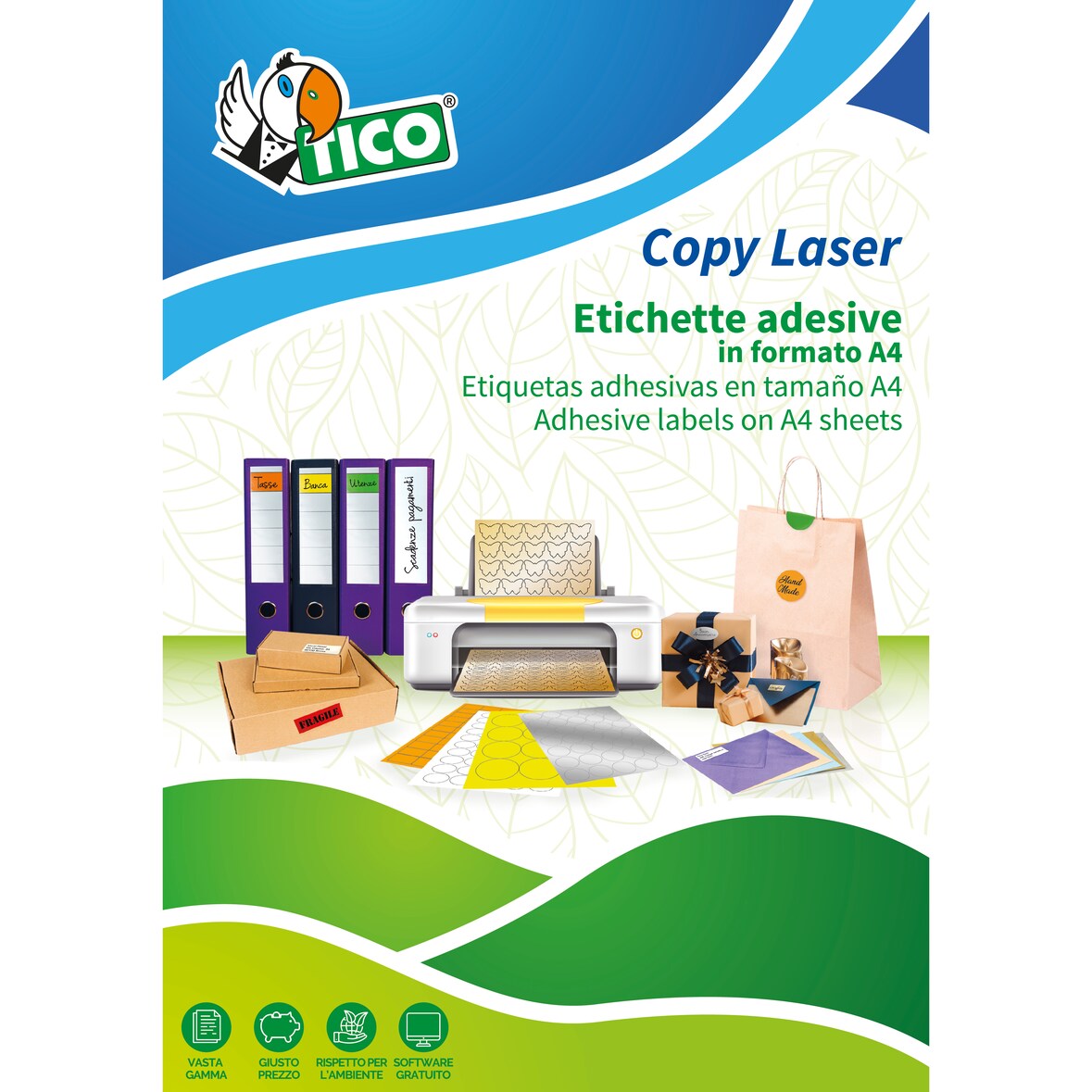 Tico etichette adesive multiuso in carta bianca - adesivo permanente - 210x148mm - 2 etichette per foglio - 100 fogli - stampa laser e inkjet