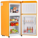 thumbnail of Zweitüriger 88x45x 42 cm Mini-Kühlschrank 60L Kühlfach 22L Gefrierfach E-Klasse leise freistehend LED-Beleuchtung Retro Gelb