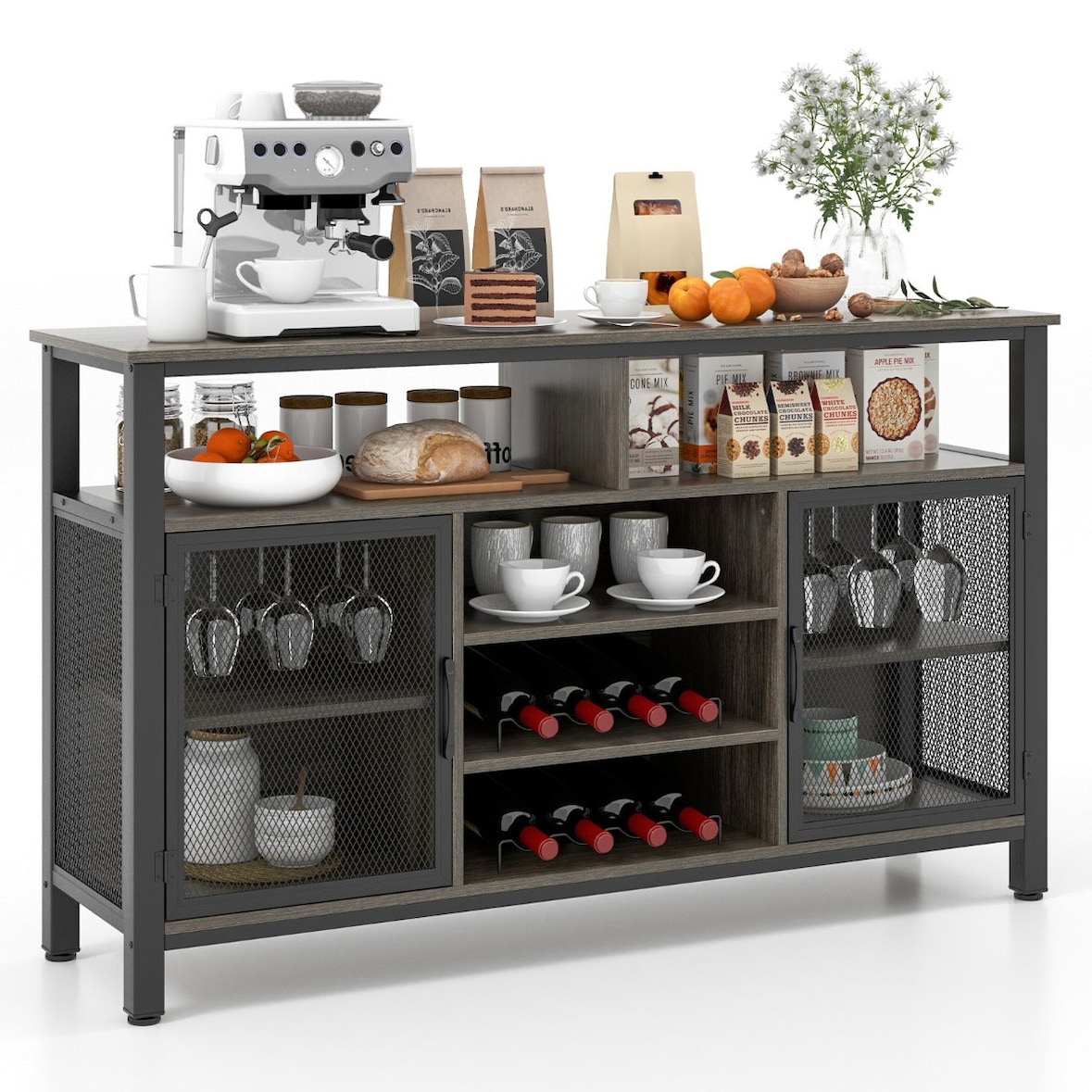 Helloshop26 - Buffet armoire de cuisine 140 x 40 x 82,5 cm rangement vin 8 bouteilles style industriel en bois d'ingénierie noir 20_0020613
