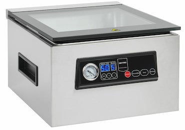 METRO Professional Máquina de embalar a vácuo GVS1200, aço inoxidável/vidro, 37.2 x 44.3 x 24.9 cm, 70L/min, temporizador, 5 funções, prateado
