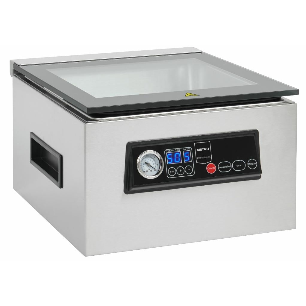 METRO Professional Kamer vacuümsealer GVS1200, roestvrij staal / glas, 37,2 x 44,3 x 24,9 cm, cap. 7 L, pomp 70L/min, timer, 5 functies, zilver