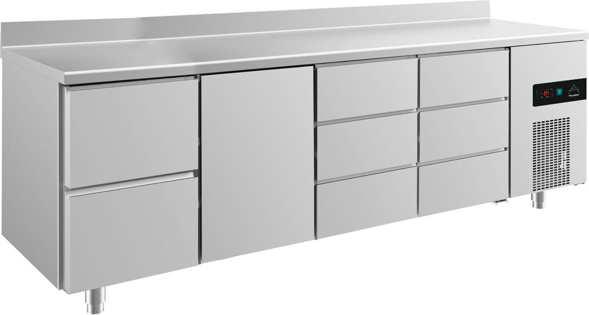 Kühltisch 2 Schubladen links je 3 Schubladen mittig&rechts 1 Tür Mitte, Aufkantung, 2330x700x850mm -2/+8°C 632L