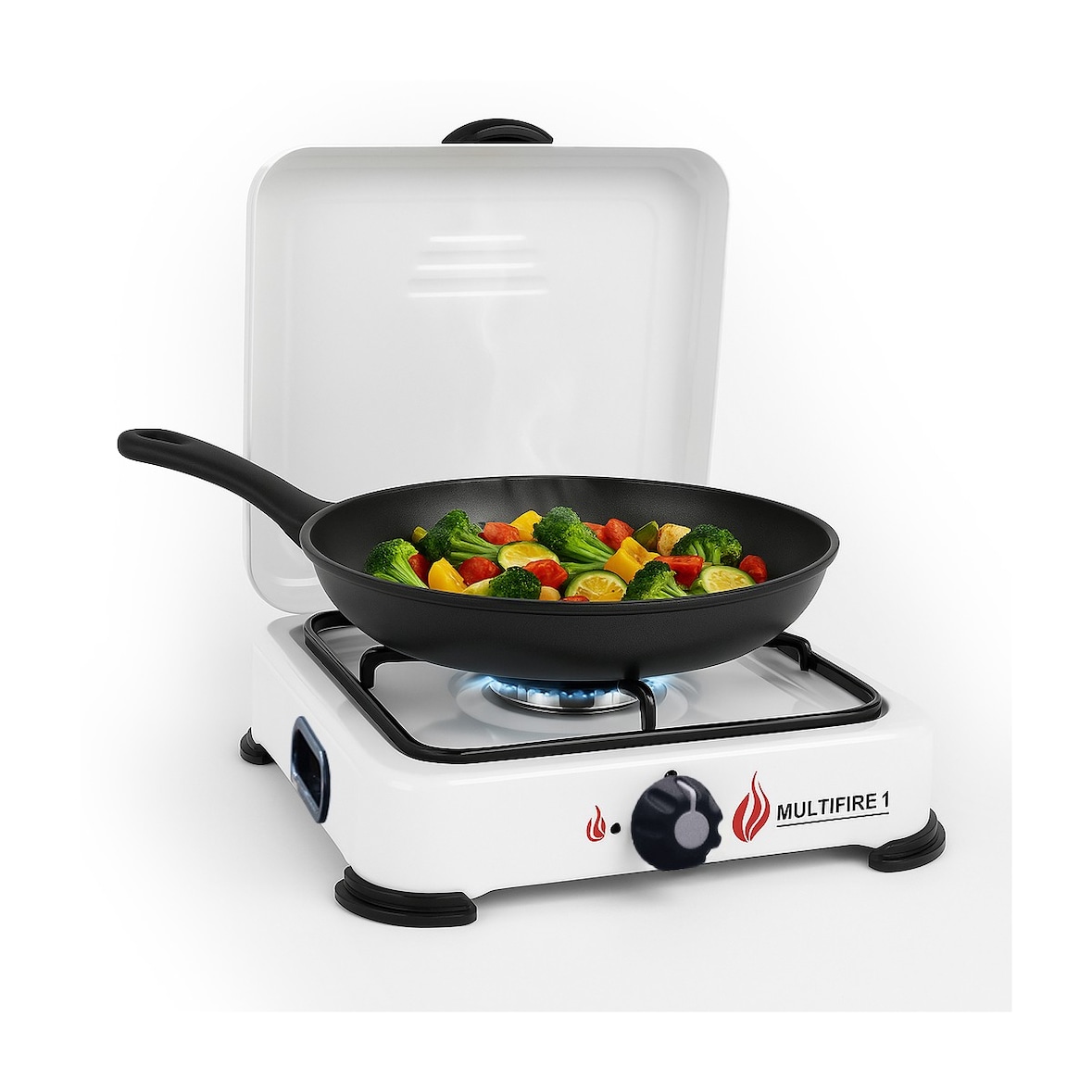 Réchaud à gaz 1 feu 1500W Brûleur fonte amovible Lavable Gaz butane ou propane Blanc laqué Grille Couvercle GOLD