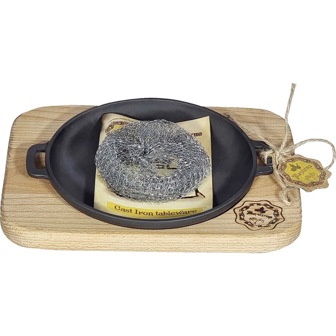 Gusseiserne Servierpfanne auf Holzbrett – ø 20 x 4 cm – Grillpfanne – Gusseisen – Grillen – Geschenk – PFAS-frei – Schwarz