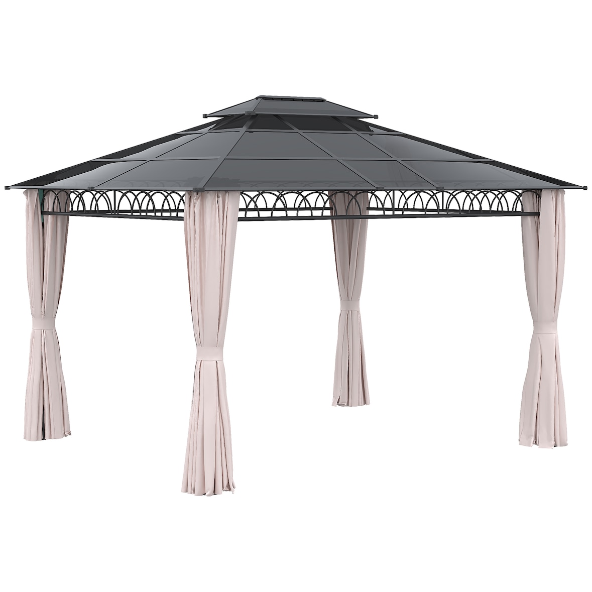 Outsunny cenador de jardín 3,6x3 m gazebo de exterior techo doble de policarbonato 4 cortinas mosquiteras laterales cremallera marco de aluminio patio