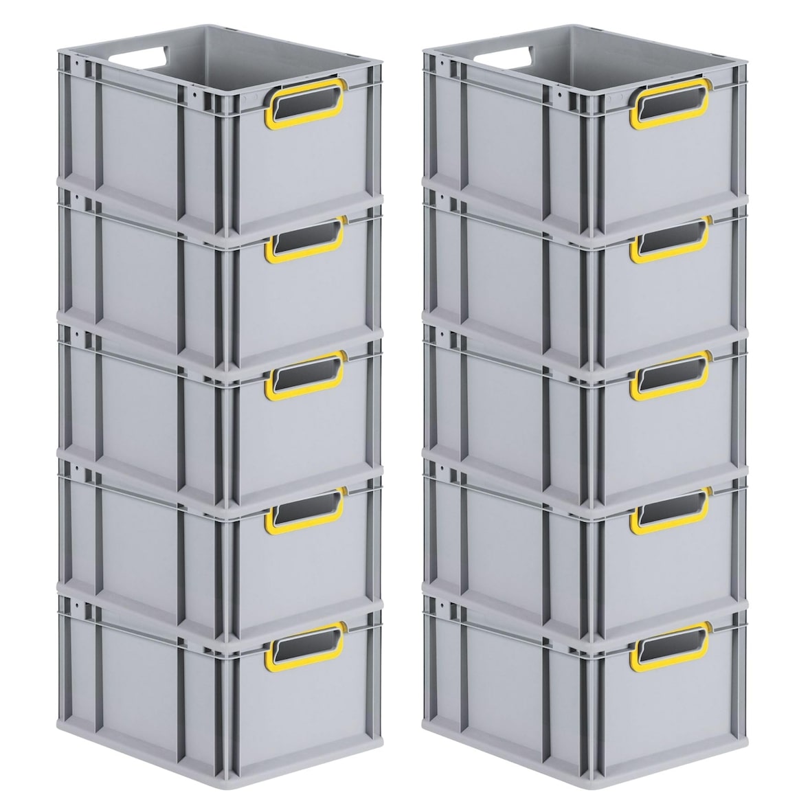 PROREGAL SparSet 10x Eurobox NextGen Color, HxBxT 22x30x40cm, 20 Liter, Griffe gelb offen, Grau, Eurobehälter, Box, Transportbehälter