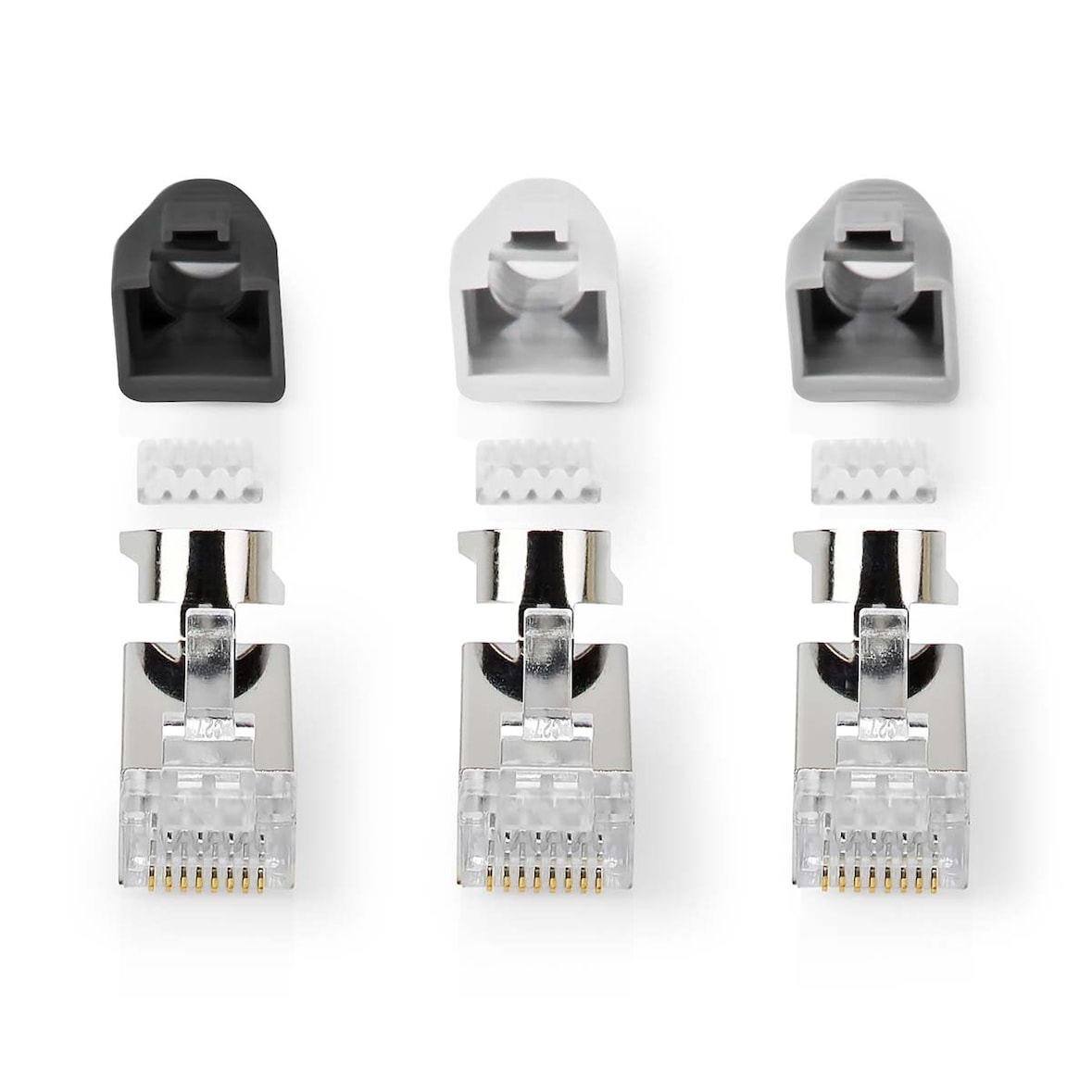 Nedis RJ45-Stecker - RJ45 Pass Through - Festes/verseiltes FTP CAT7 - Gerade - Vergoldet - 10 Stück - Polycarbonate - Grau / Schwarz / Weiss - Box