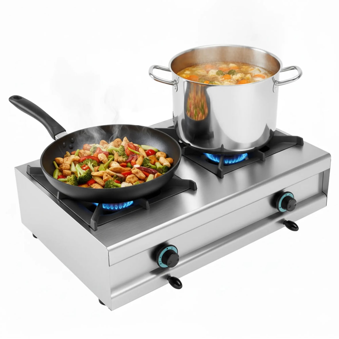 Cocina a gas profesional con 2 fogónes de sobremesa y alta potencia para cocina industrial de bar, restaurante, food trucks, hostelería y catering.