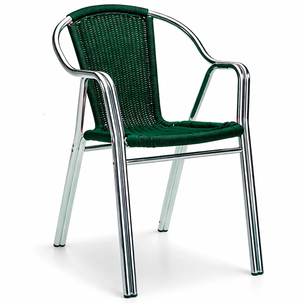 Sillas color verde para hostelería de aluminio curvado con trenzado para terraza, interior y exterior de bar y restaurante. Mobiliario hostelería.