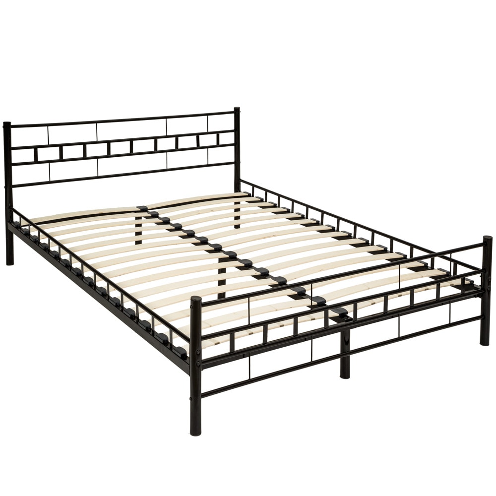 tectake  Cama de casal com cabeceira e pé em aço e estrado de ripas de madeira 200 x 140 cm Preto