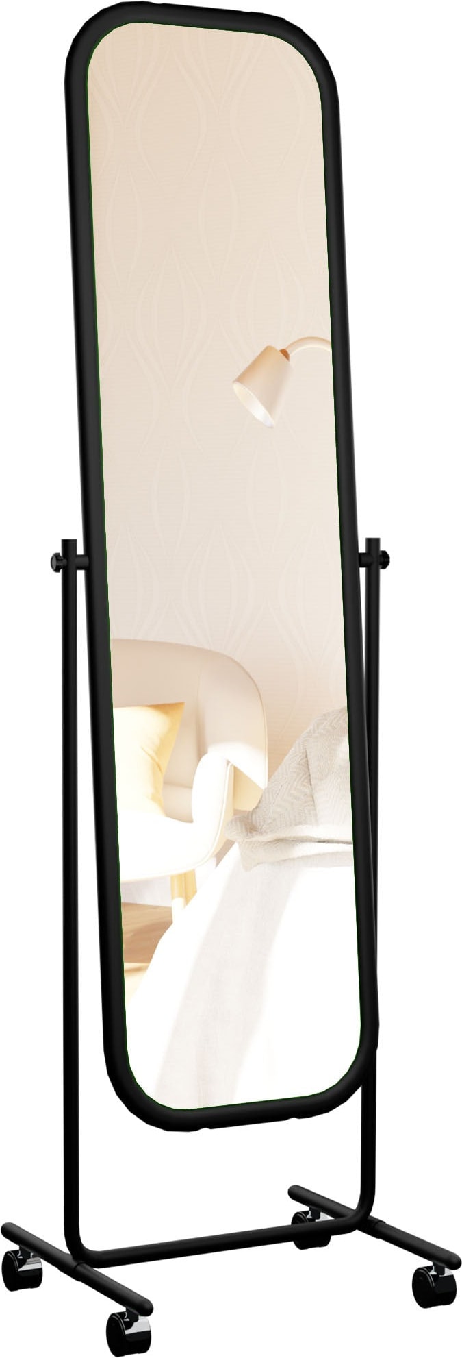 Décoshop26 - Rechteckiger freistehender Spiegel mit abgerundeten Ecken 166 x 48 cm mit 360°-Schwenkrollen schwarzem Metallrahmen 10_0008353 10_0008353